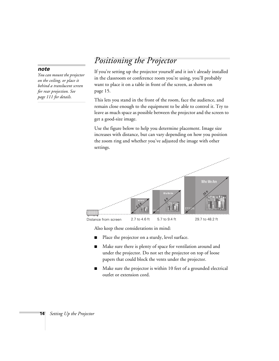 Positioning the projector | Epson 6100i User Manual | Page 14 / 132