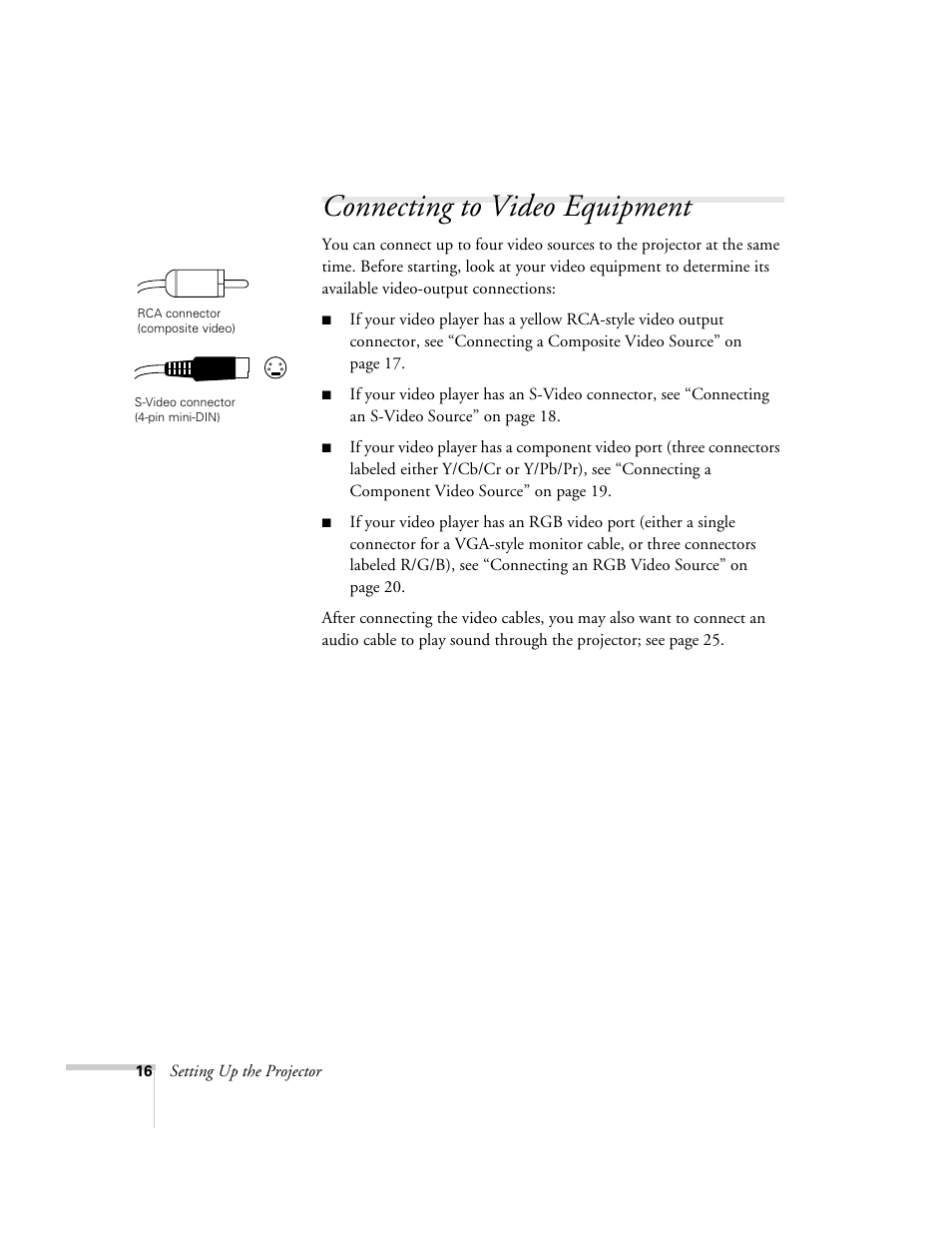 Connecting to video equipment | Epson 6100i User Manual | Page 16 / 132