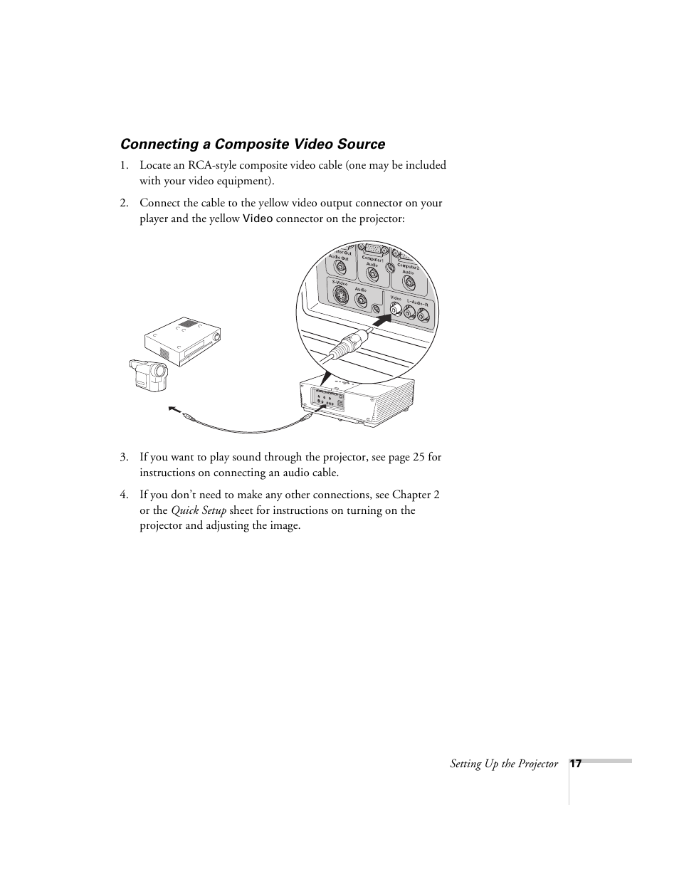 Connecting a composite video source, E “connecting a composite video source” o | Epson 6100i User Manual | Page 17 / 132