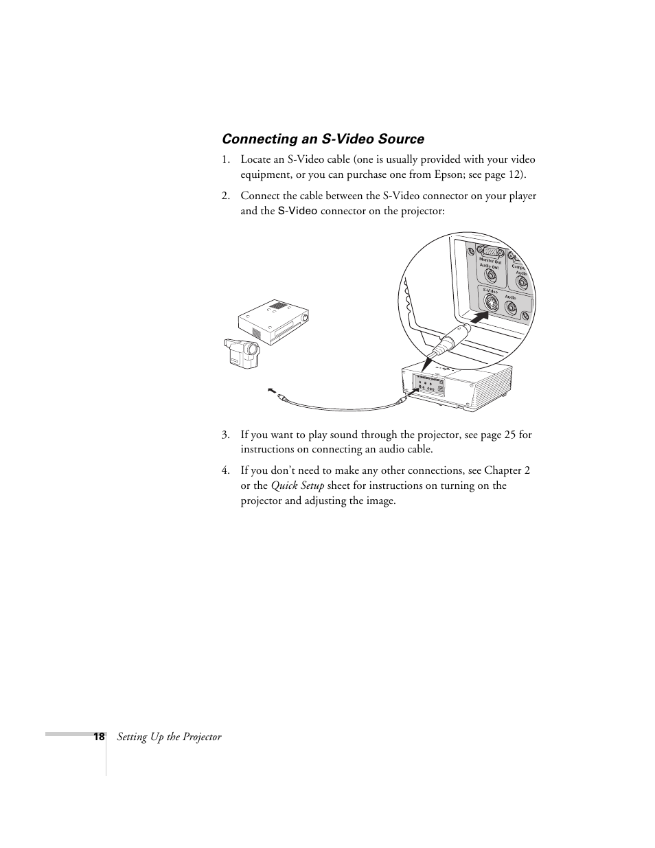 Connecting an s-video source, See “connecting an s-video source” o | Epson 6100i User Manual | Page 18 / 132