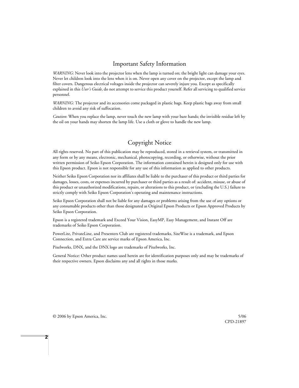 Important safety information, Copyright notice | Epson 6100i User Manual | Page 2 / 132