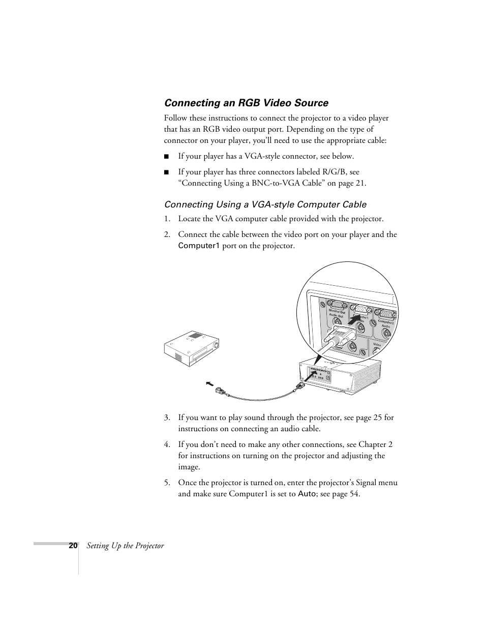 Connecting an rgb video source, Connecting an rgb video source” o | Epson 6100i User Manual | Page 20 / 132