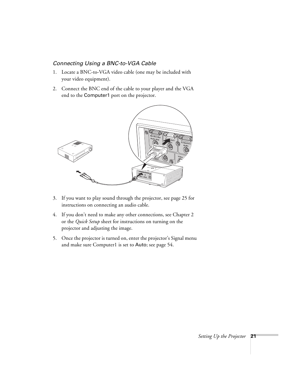 Connecting using a bnc-to-vga cable” o | Epson 6100i User Manual | Page 21 / 132