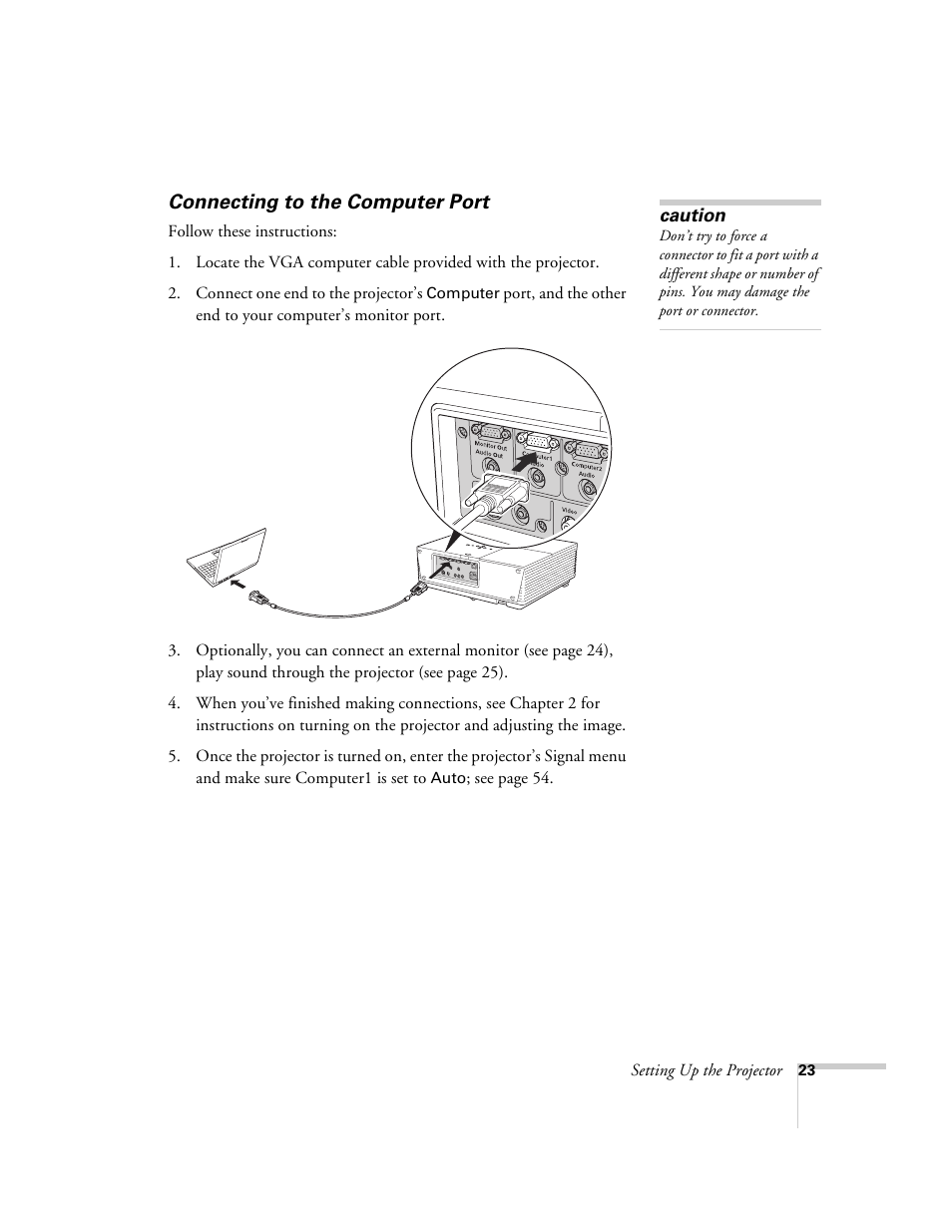 Connecting to the computer port | Epson 6100i User Manual | Page 23 / 132