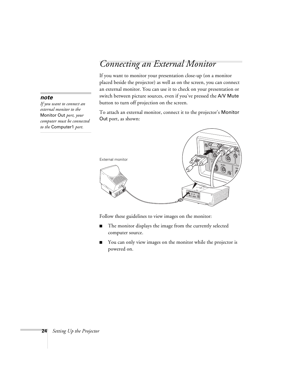 Connecting an external monitor | Epson 6100i User Manual | Page 24 / 132