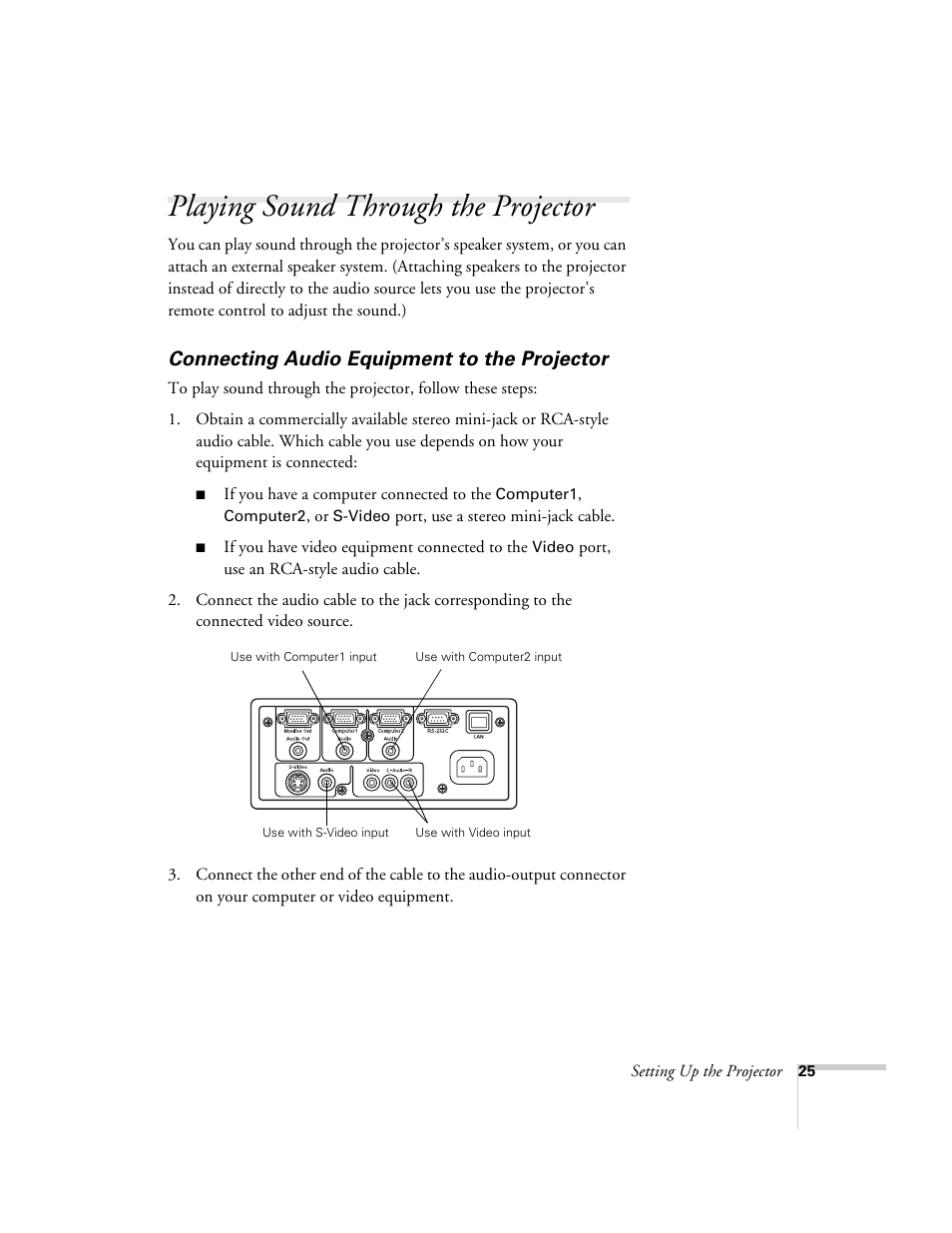 Playing sound through the projector, Connecting audio equipment to the projector | Epson 6100i User Manual | Page 25 / 132