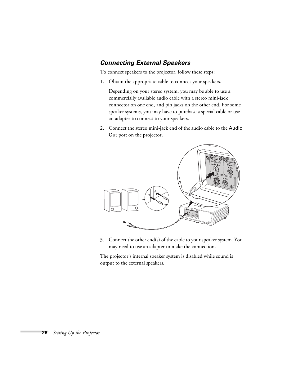 Connecting external speakers | Epson 6100i User Manual | Page 26 / 132