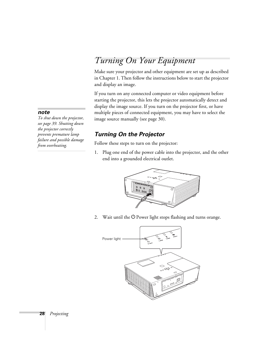 Turning on your equipment, Turning on the projector | Epson 6100i User Manual | Page 28 / 132
