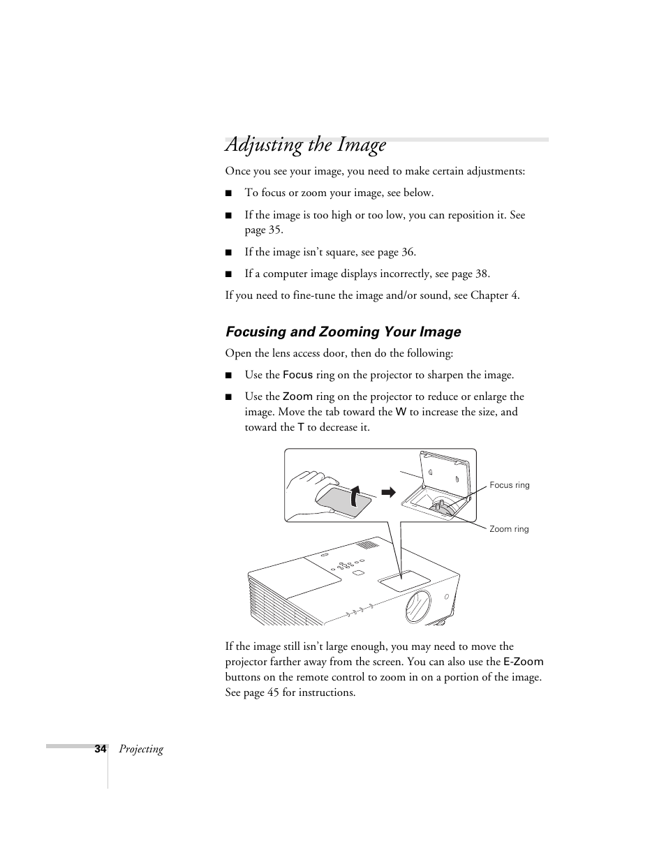 Adjusting the image, Focusing and zooming your image | Epson 6100i User Manual | Page 34 / 132