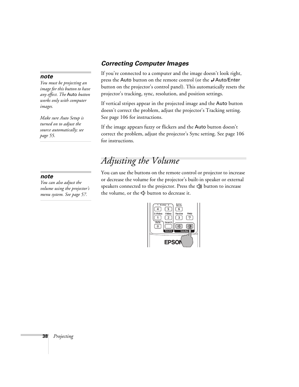 Correcting computer images, Adjusting the volume | Epson 6100i User Manual | Page 38 / 132