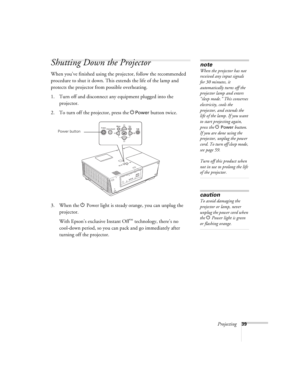 Shutting down the projector | Epson 6100i User Manual | Page 39 / 132