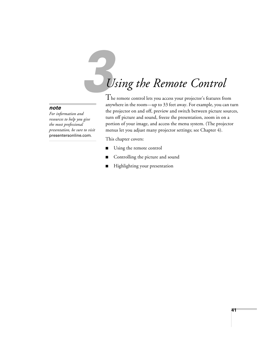 Using the remote control | Epson 6100i User Manual | Page 41 / 132