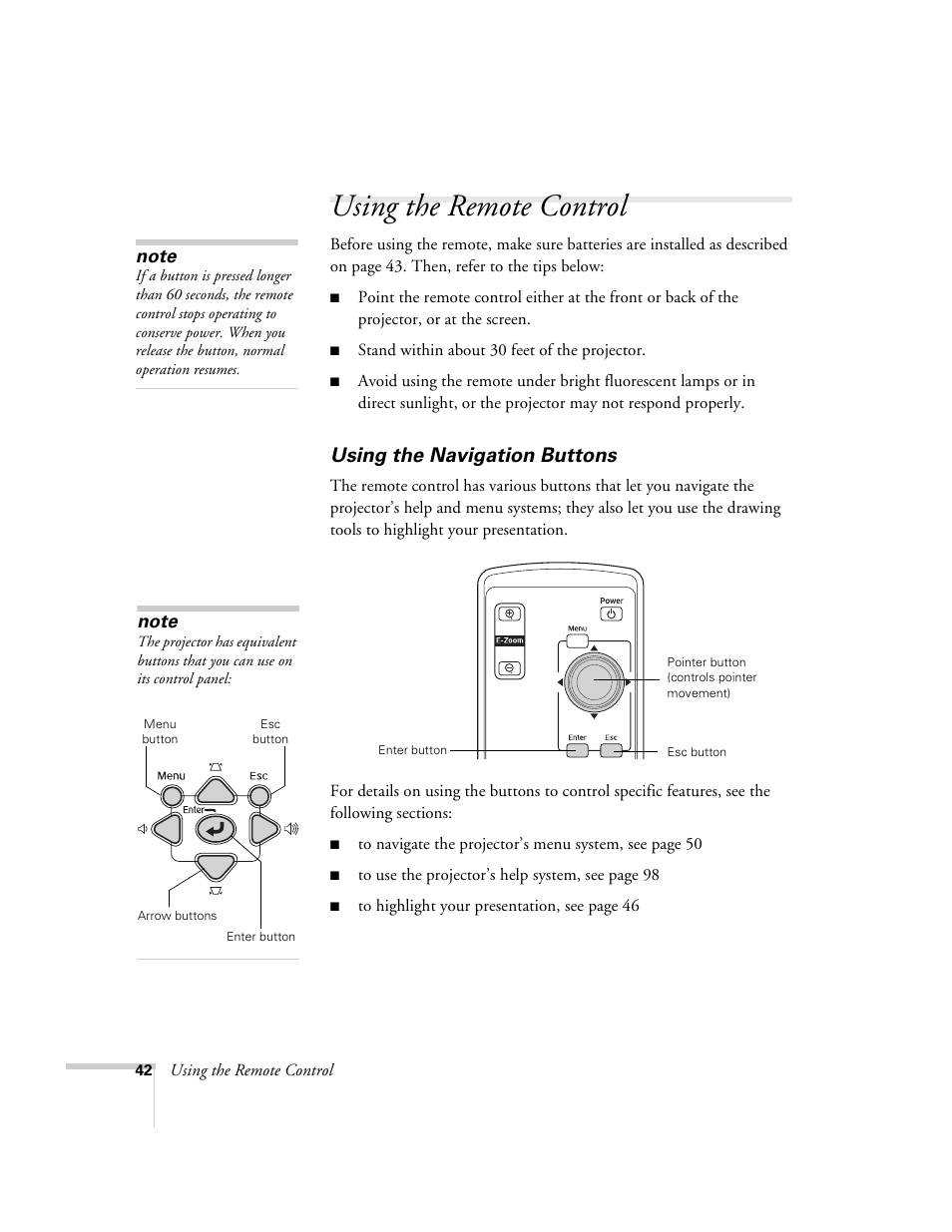 Using the remote control, Using the navigation buttons | Epson 6100i User Manual | Page 42 / 132