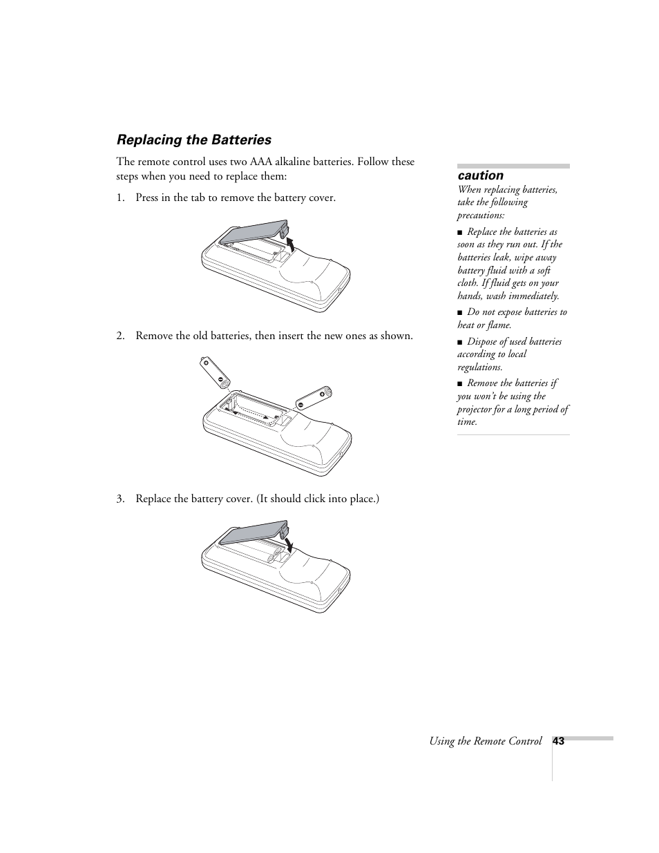 Replacing the batteries | Epson 6100i User Manual | Page 43 / 132