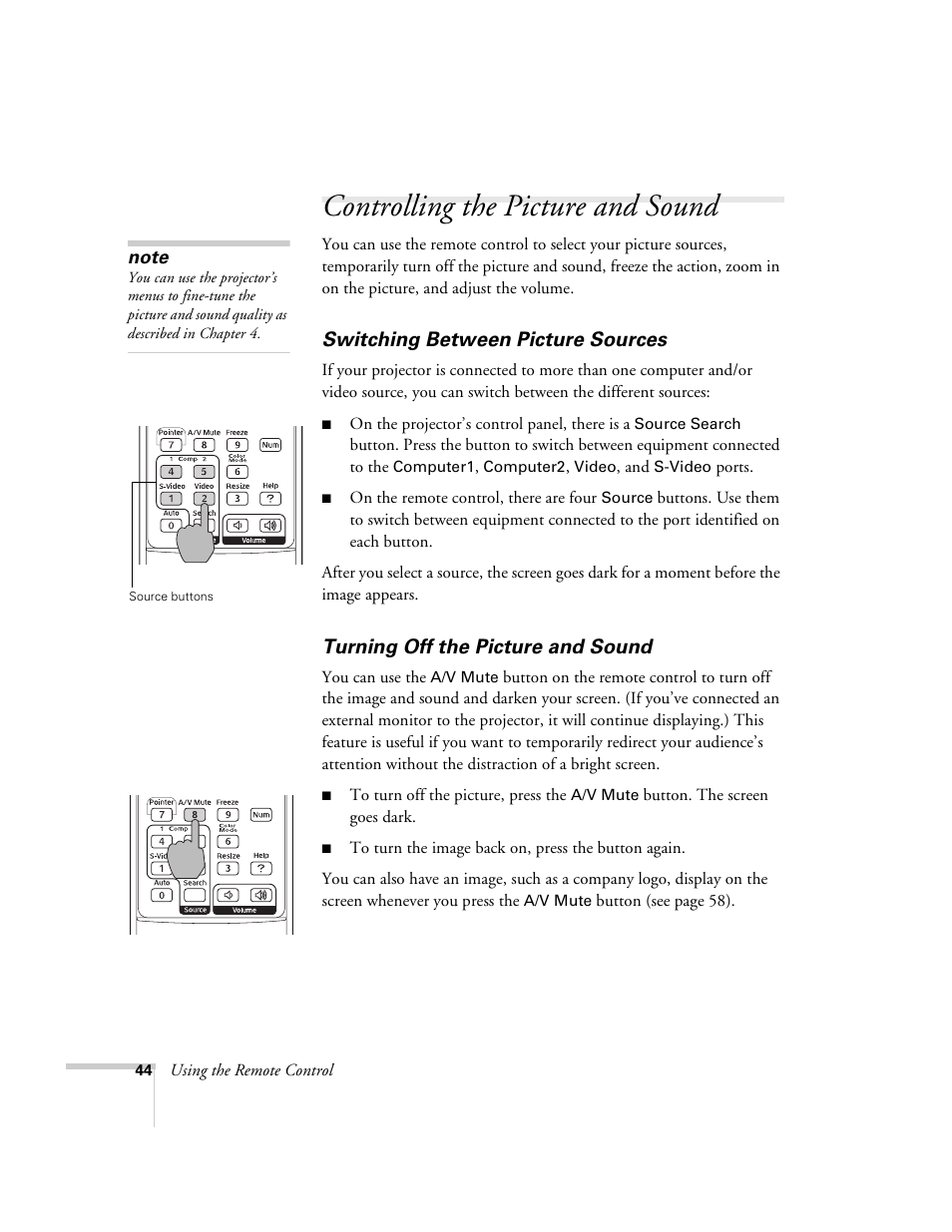 Controlling the picture and sound, Switching between picture sources, Turning off the picture and sound | Epson 6100i User Manual | Page 44 / 132