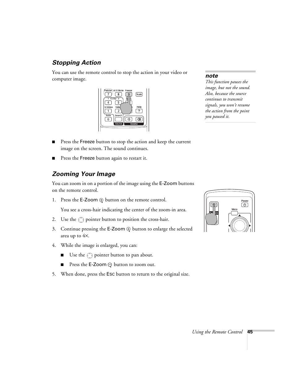 Stopping action, Zooming your image, Stopping action zooming your image | Epson 6100i User Manual | Page 45 / 132