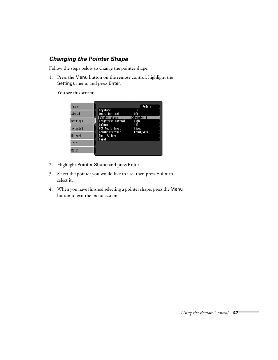 Changing the pointer shape | Epson 6100i User Manual | Page 47 / 132