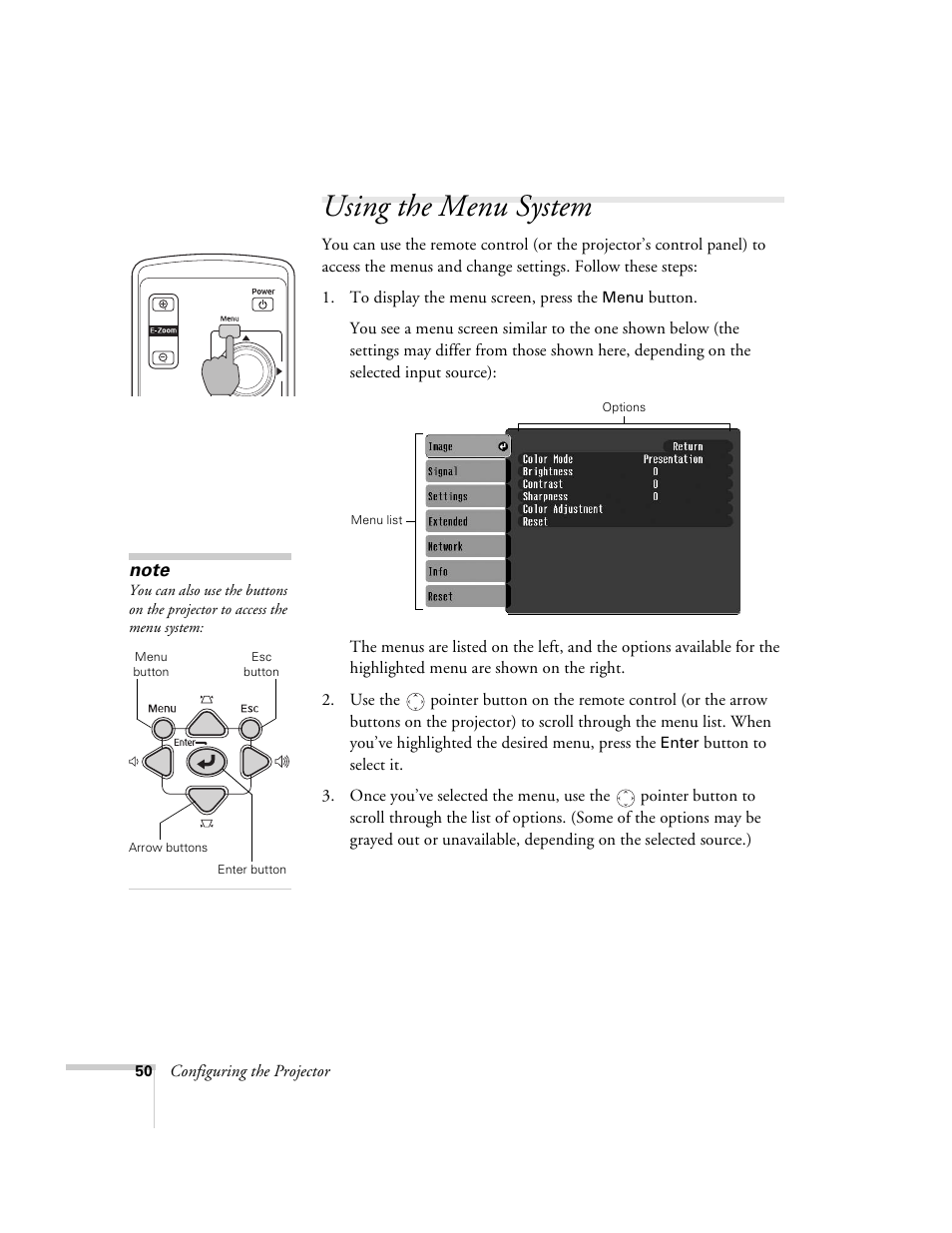 Using the menu system | Epson 6100i User Manual | Page 50 / 132