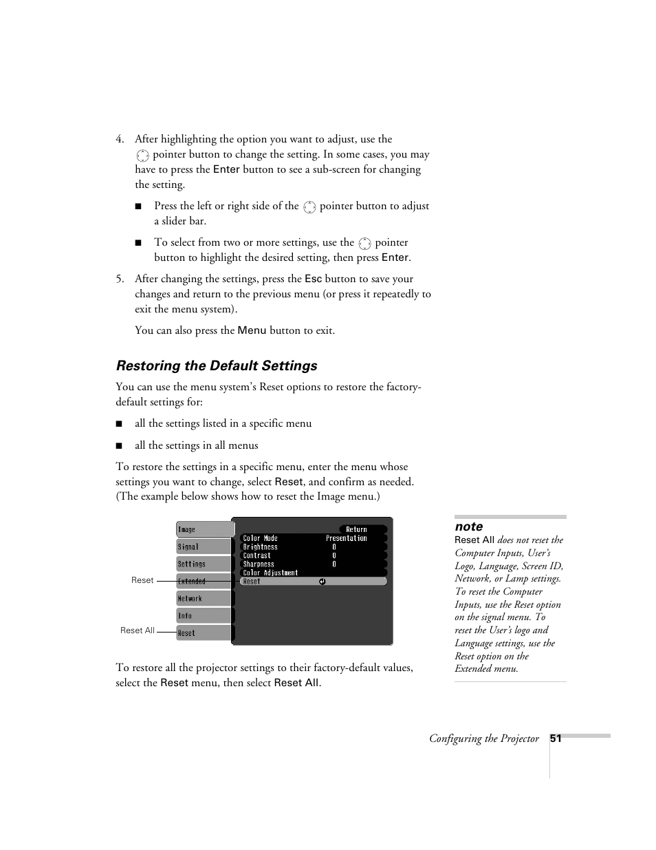 Restoring the default settings | Epson 6100i User Manual | Page 51 / 132