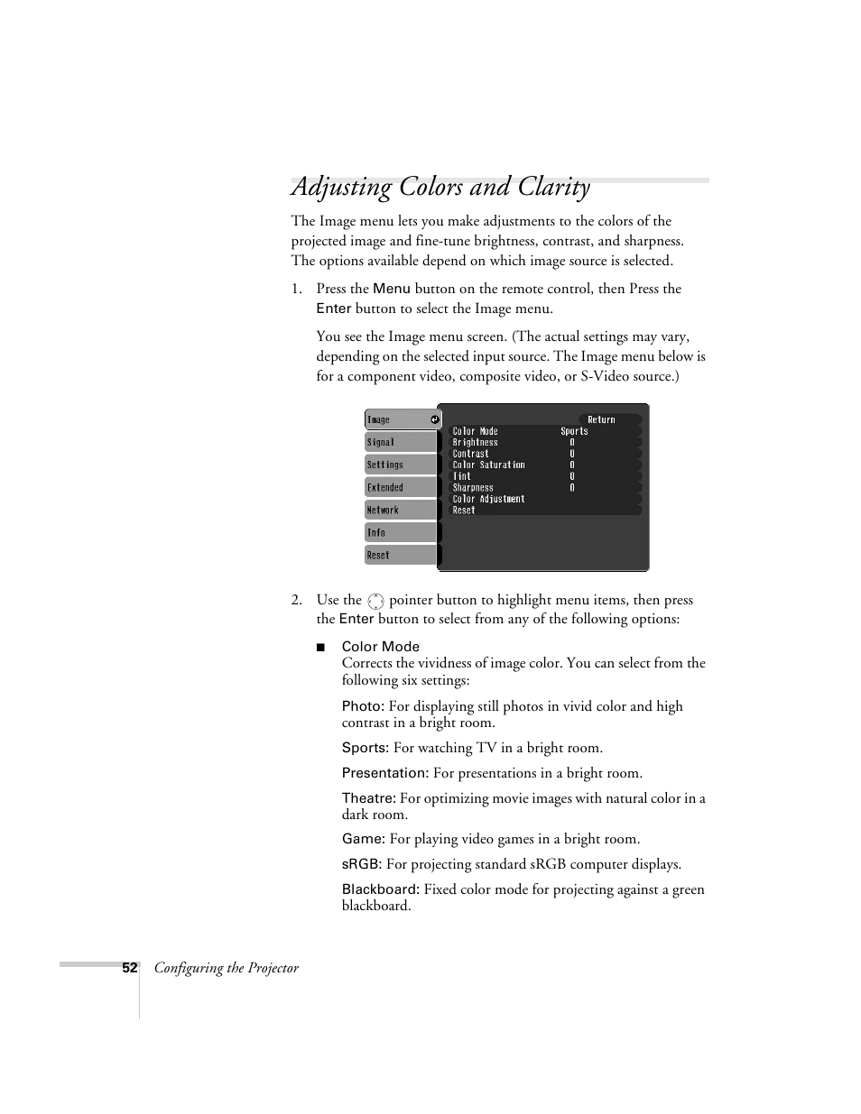 Adjusting colors and clarity | Epson 6100i User Manual | Page 52 / 132