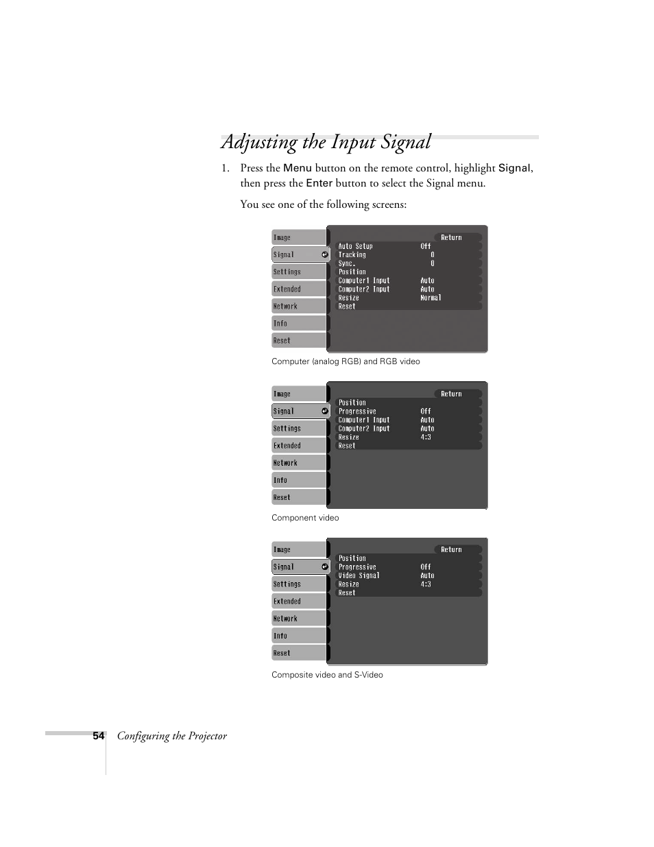 Adjusting the input signal | Epson 6100i User Manual | Page 54 / 132