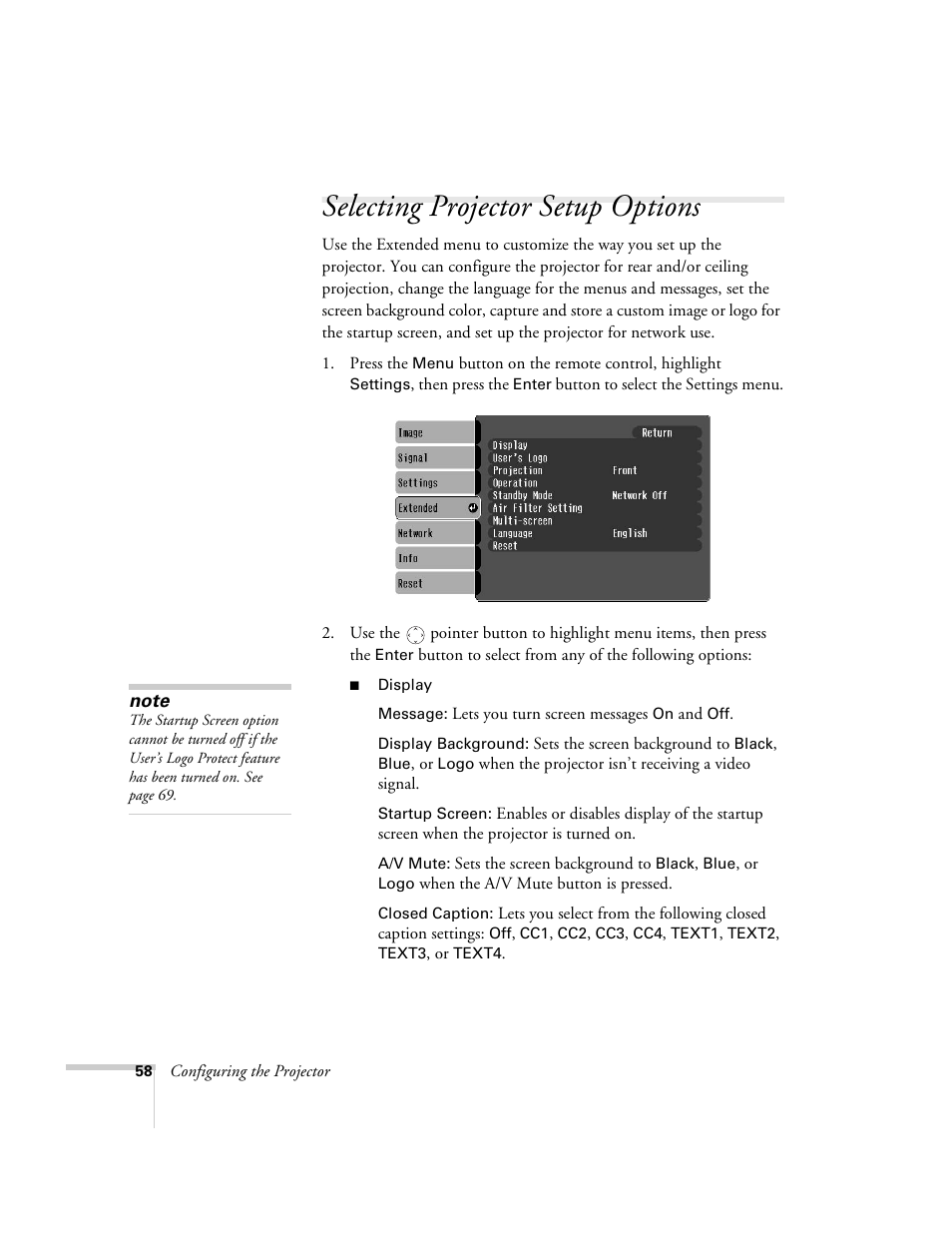 Selecting projector setup options | Epson 6100i User Manual | Page 58 / 132