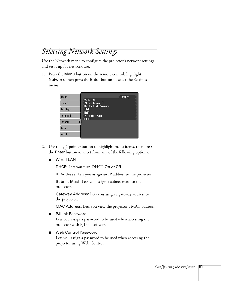 Selecting network settings | Epson 6100i User Manual | Page 61 / 132