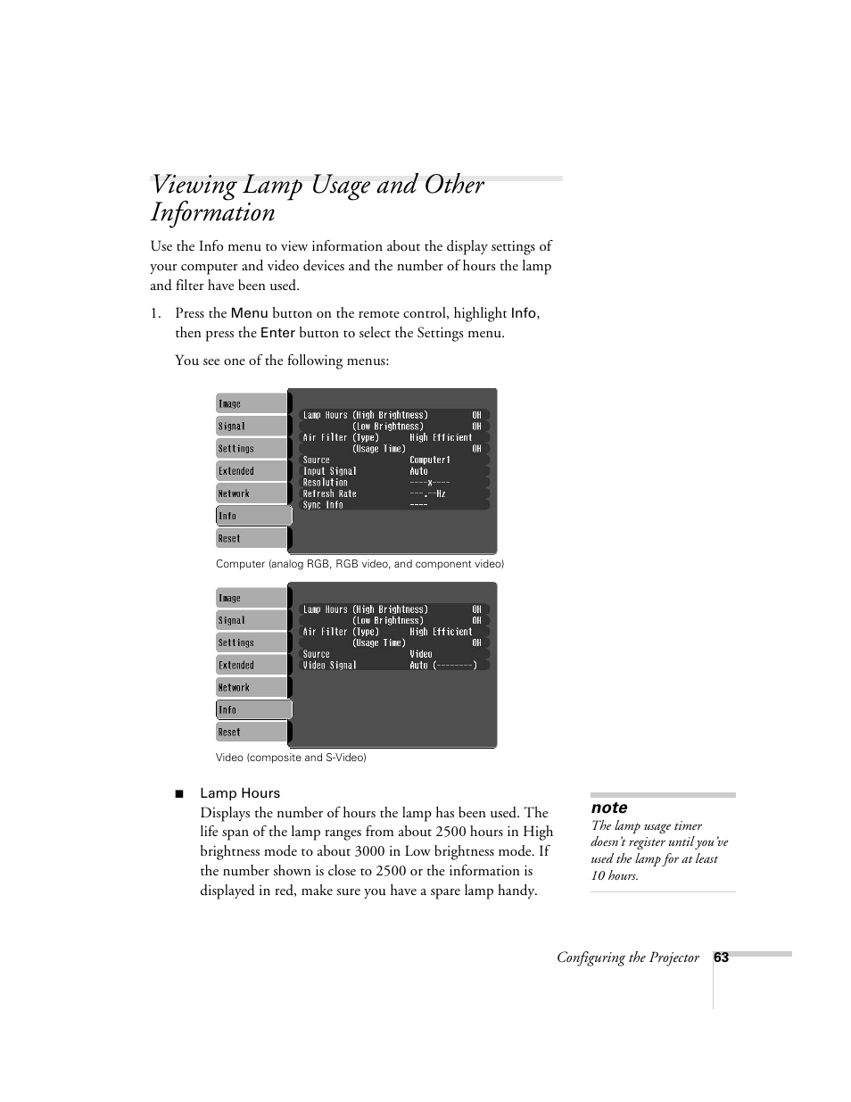 Viewing lamp usage and other information | Epson 6100i User Manual | Page 63 / 132