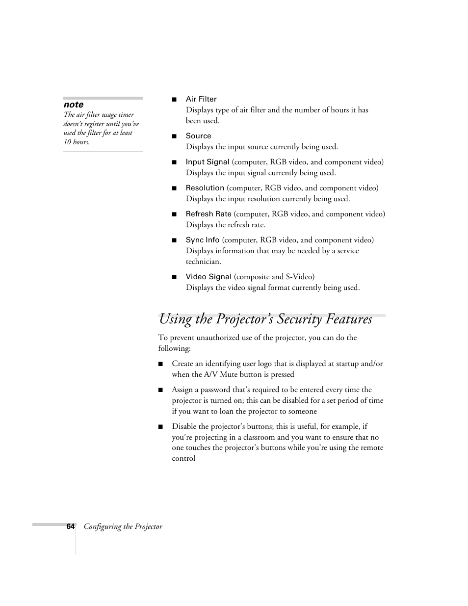 Using the projector’s security features | Epson 6100i User Manual | Page 64 / 132