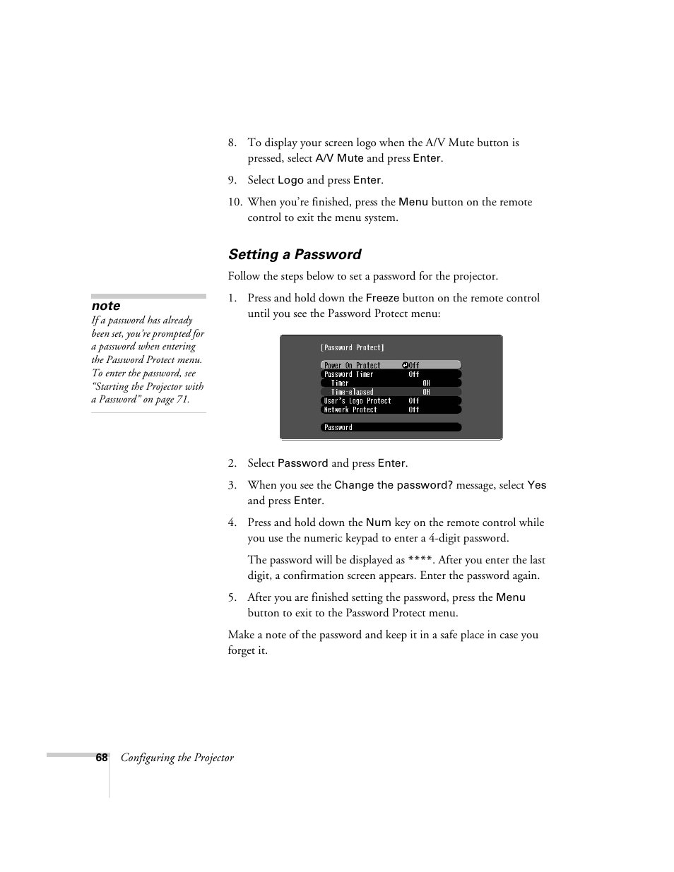 Setting a password | Epson 6100i User Manual | Page 68 / 132