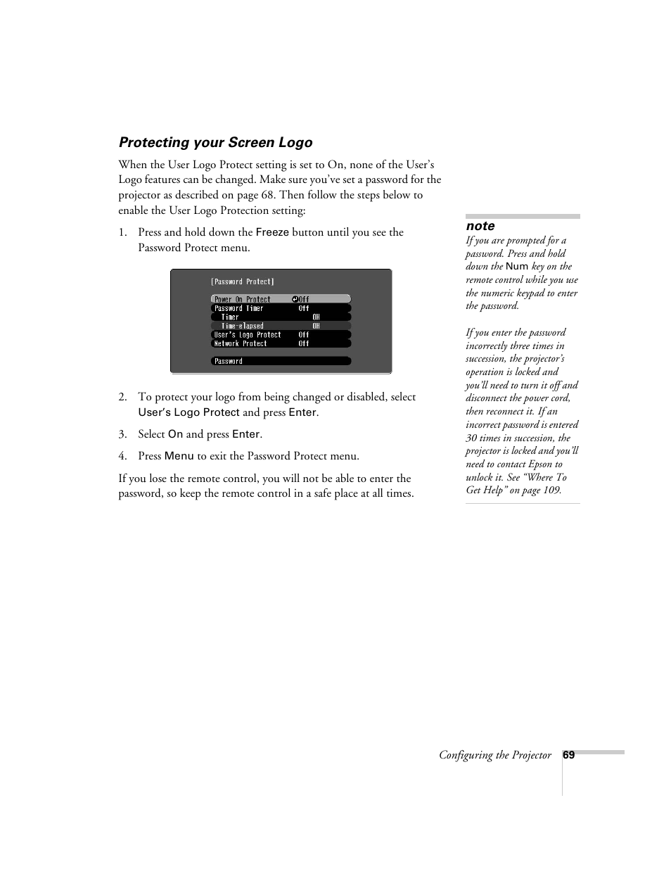 Protecting your screen logo | Epson 6100i User Manual | Page 69 / 132