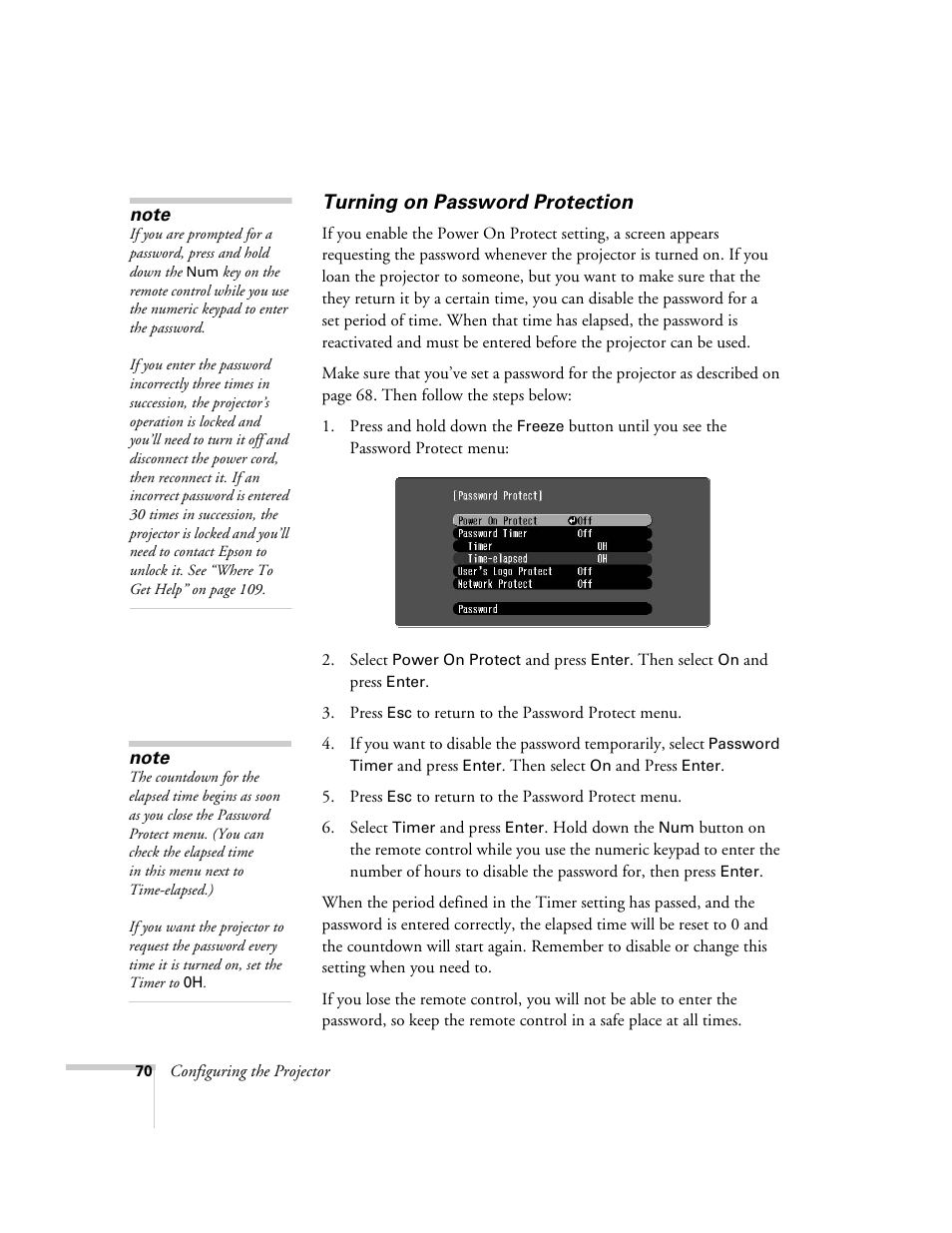 Turning on password protection | Epson 6100i User Manual | Page 70 / 132