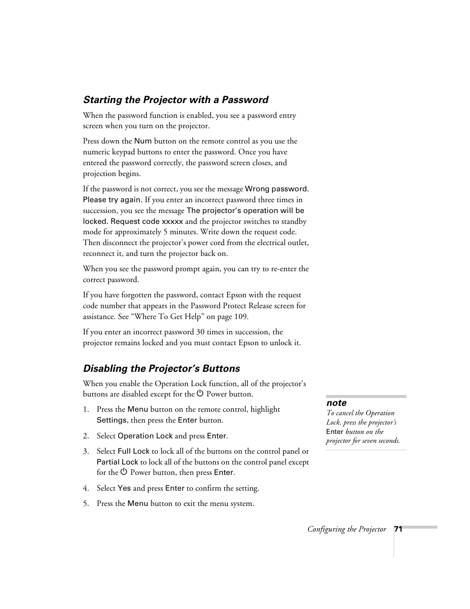 Starting the projector with a password, Disabling the projector’s buttons | Epson 6100i User Manual | Page 71 / 132