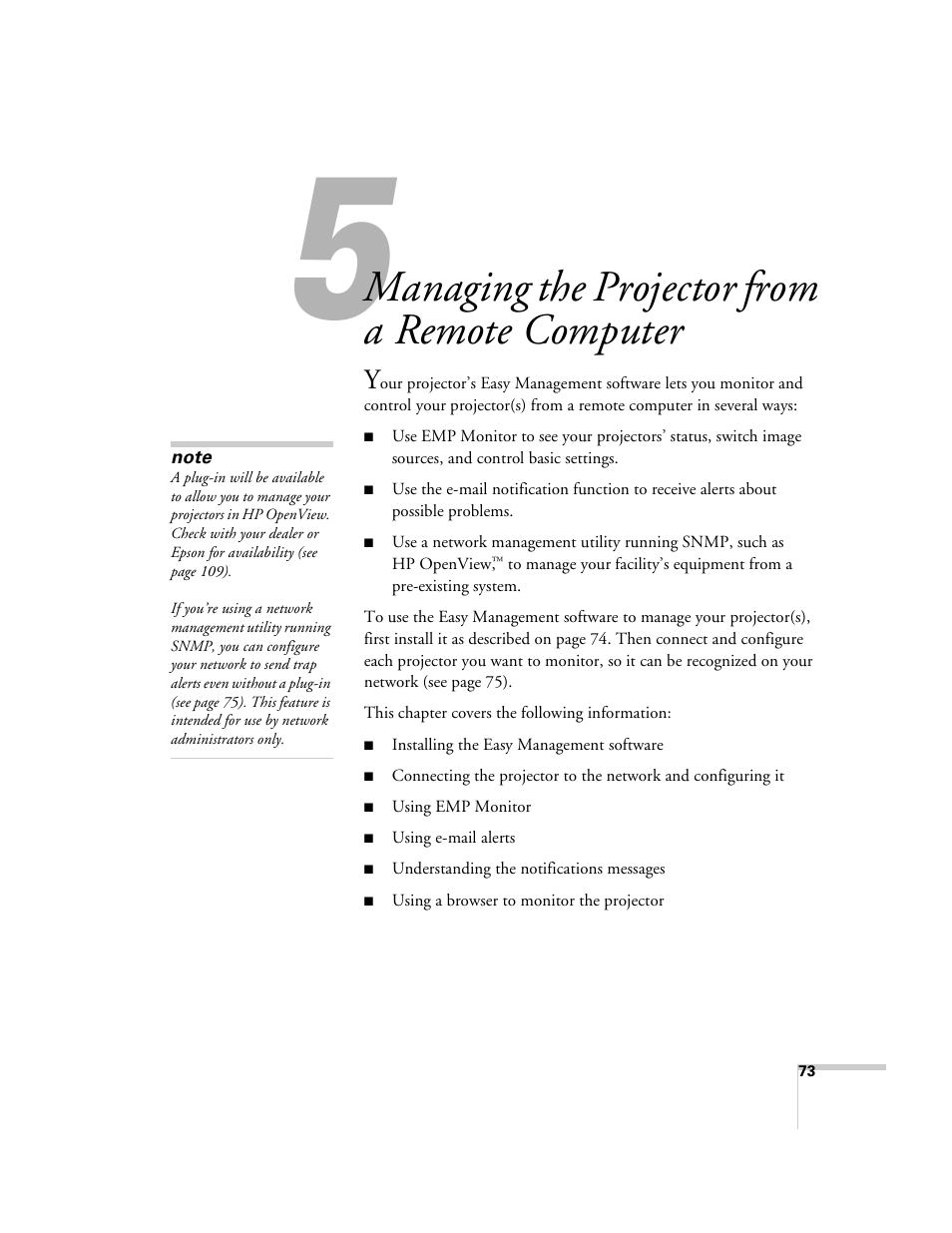 Managing the projector from a remote computer | Epson 6100i User Manual | Page 73 / 132