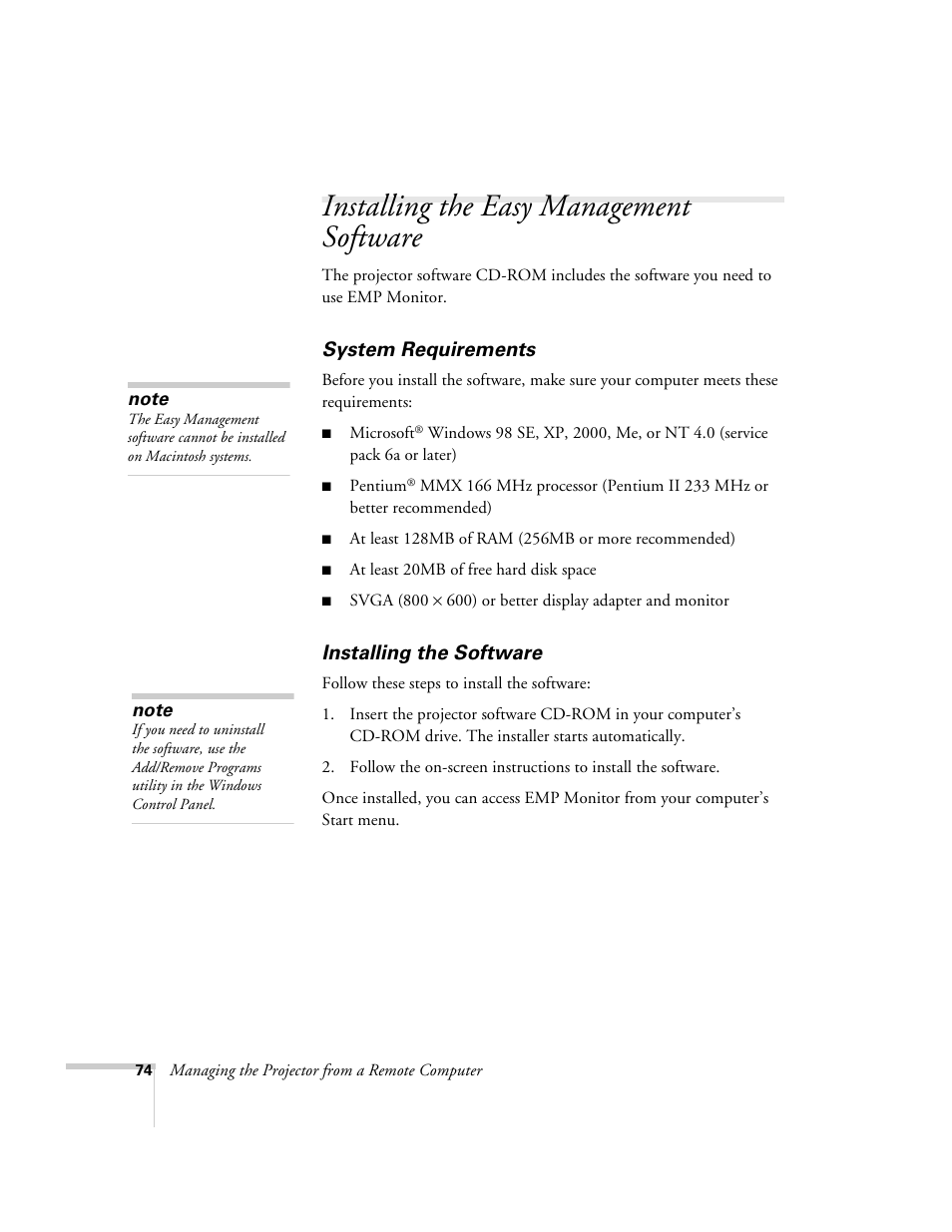 Installing the easy management software, System requirements, Installing the software | System requirements installing the software | Epson 6100i User Manual | Page 74 / 132