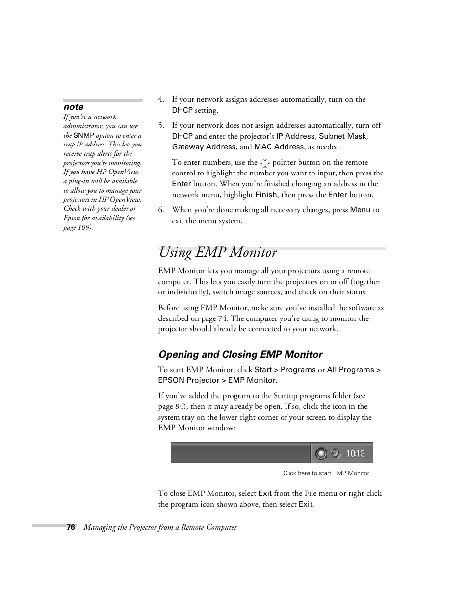 Using emp monitor, Opening and closing emp monitor | Epson 6100i User Manual | Page 76 / 132