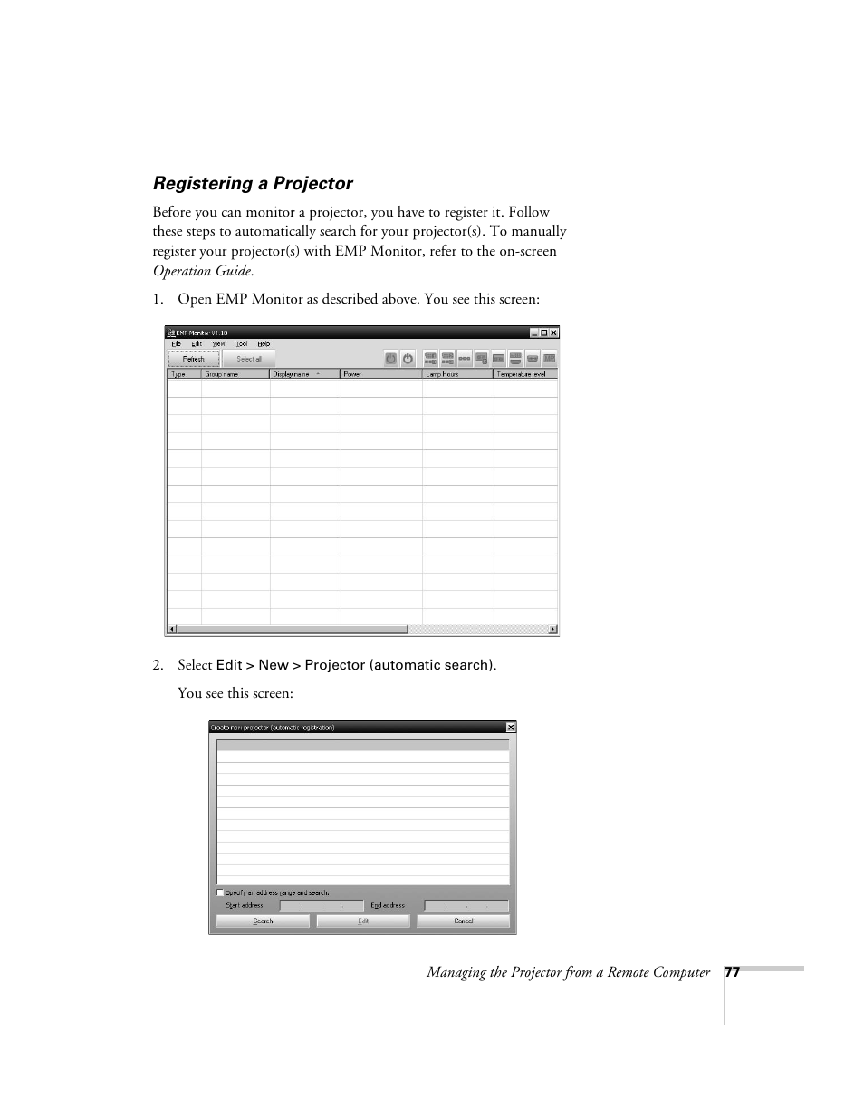 Registering a projector | Epson 6100i User Manual | Page 77 / 132