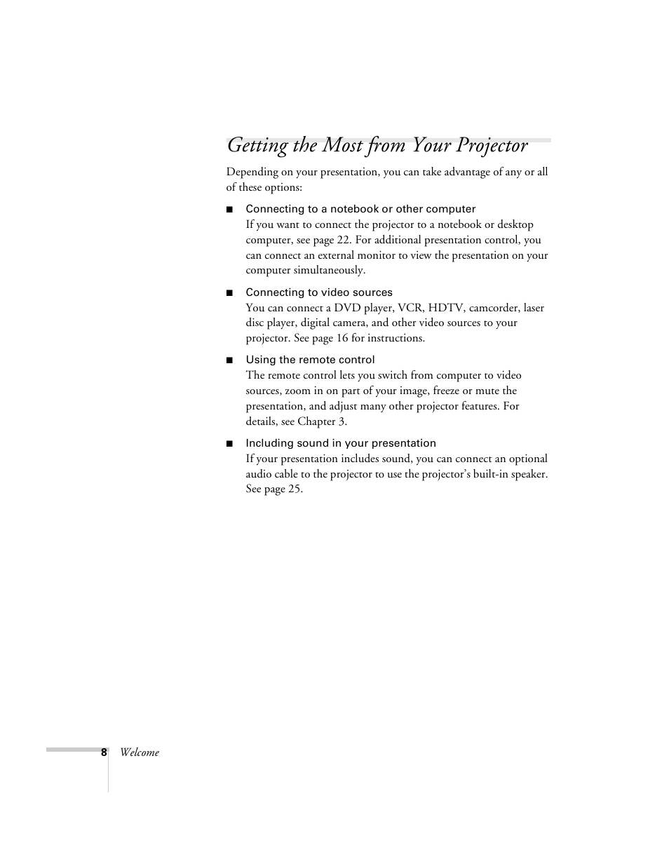 Getting the most from your projector | Epson 6100i User Manual | Page 8 / 132