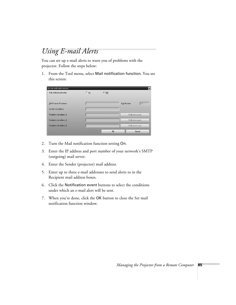 Using e-mail alerts | Epson 6100i User Manual | Page 85 / 132