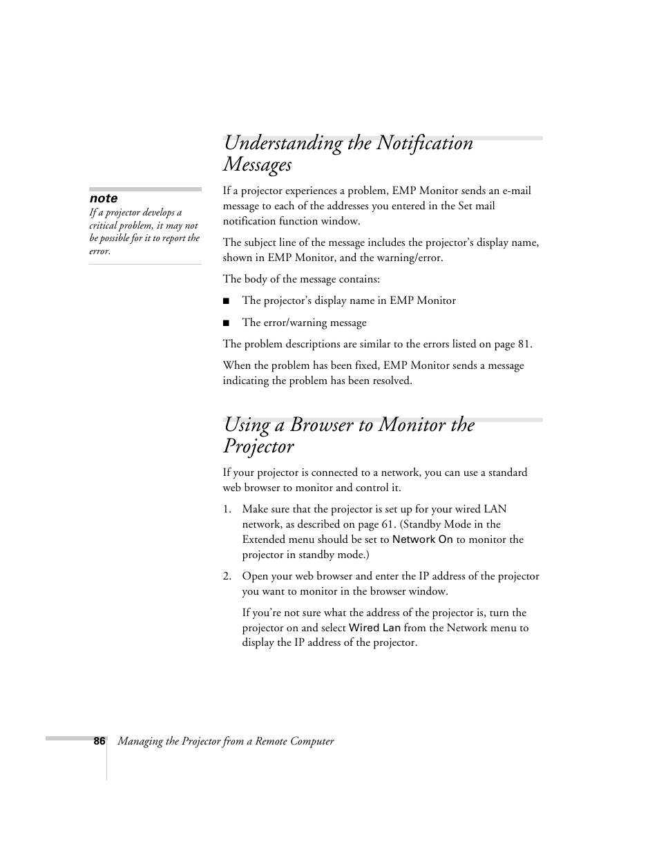 Understanding the notification messages, Using a browser to monitor the projector | Epson 6100i User Manual | Page 86 / 132