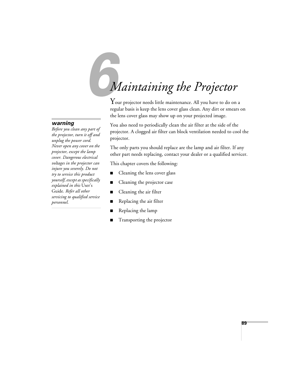 Maintaining the projector | Epson 6100i User Manual | Page 89 / 132