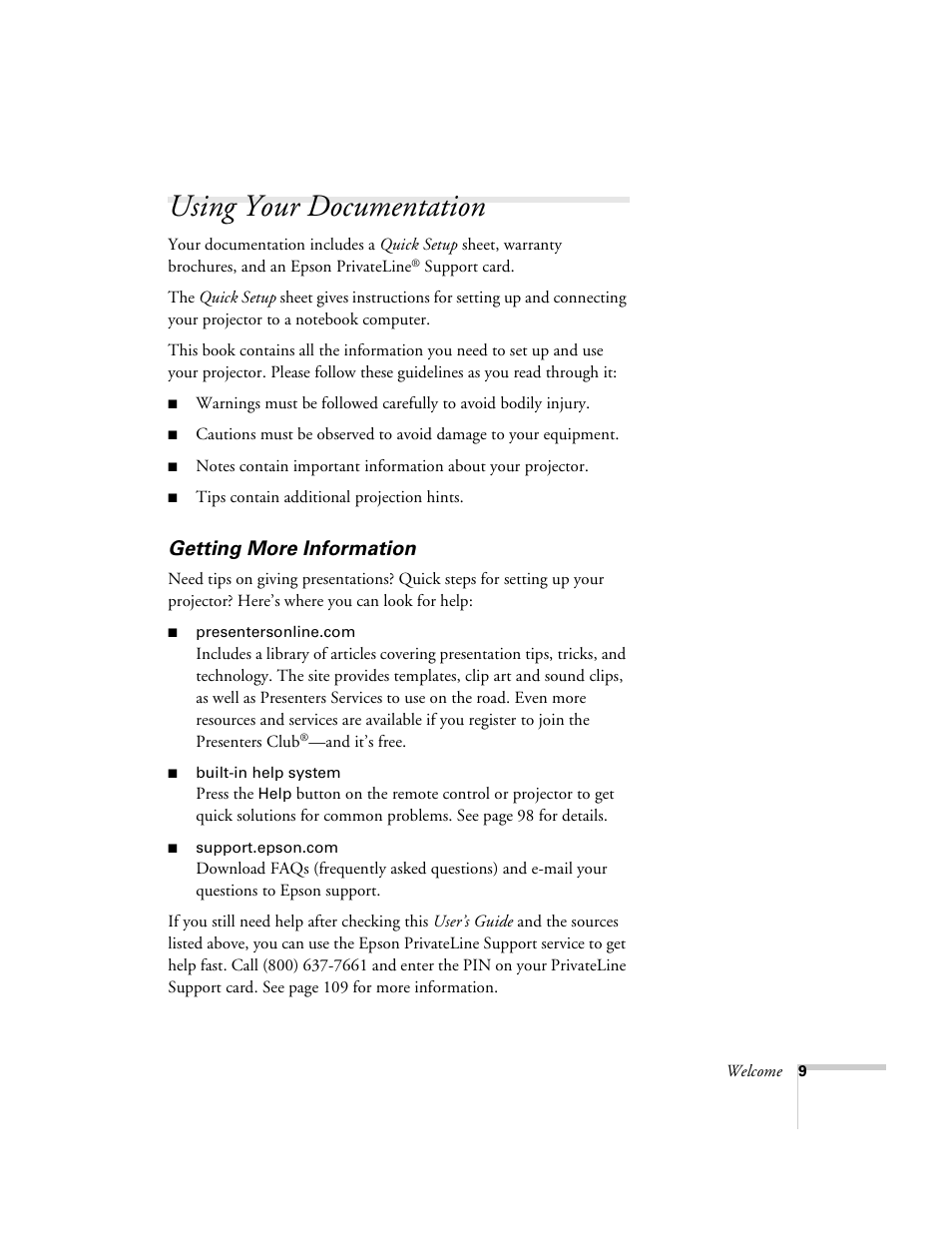 Using your documentation, Getting more information | Epson 6100i User Manual | Page 9 / 132