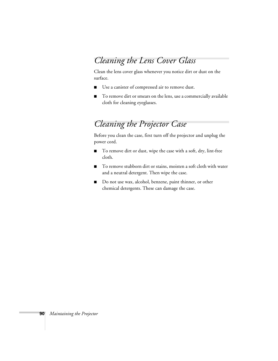 Cleaning the lens cover glass, Cleaning the projector case | Epson 6100i User Manual | Page 90 / 132