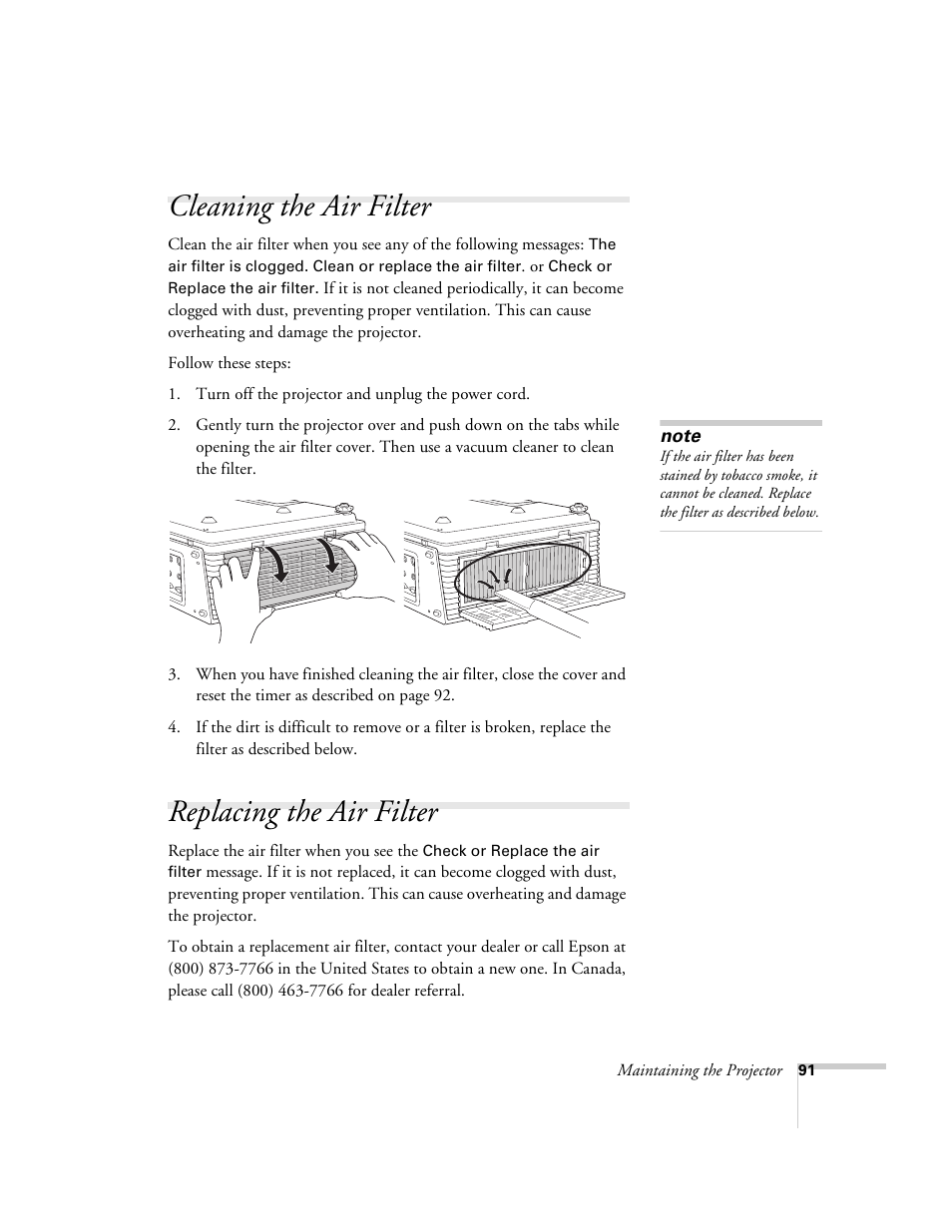 Cleaning the air filter, Replacing the air filter, Cleaning the air filter replacing the air filter | Epson 6100i User Manual | Page 91 / 132