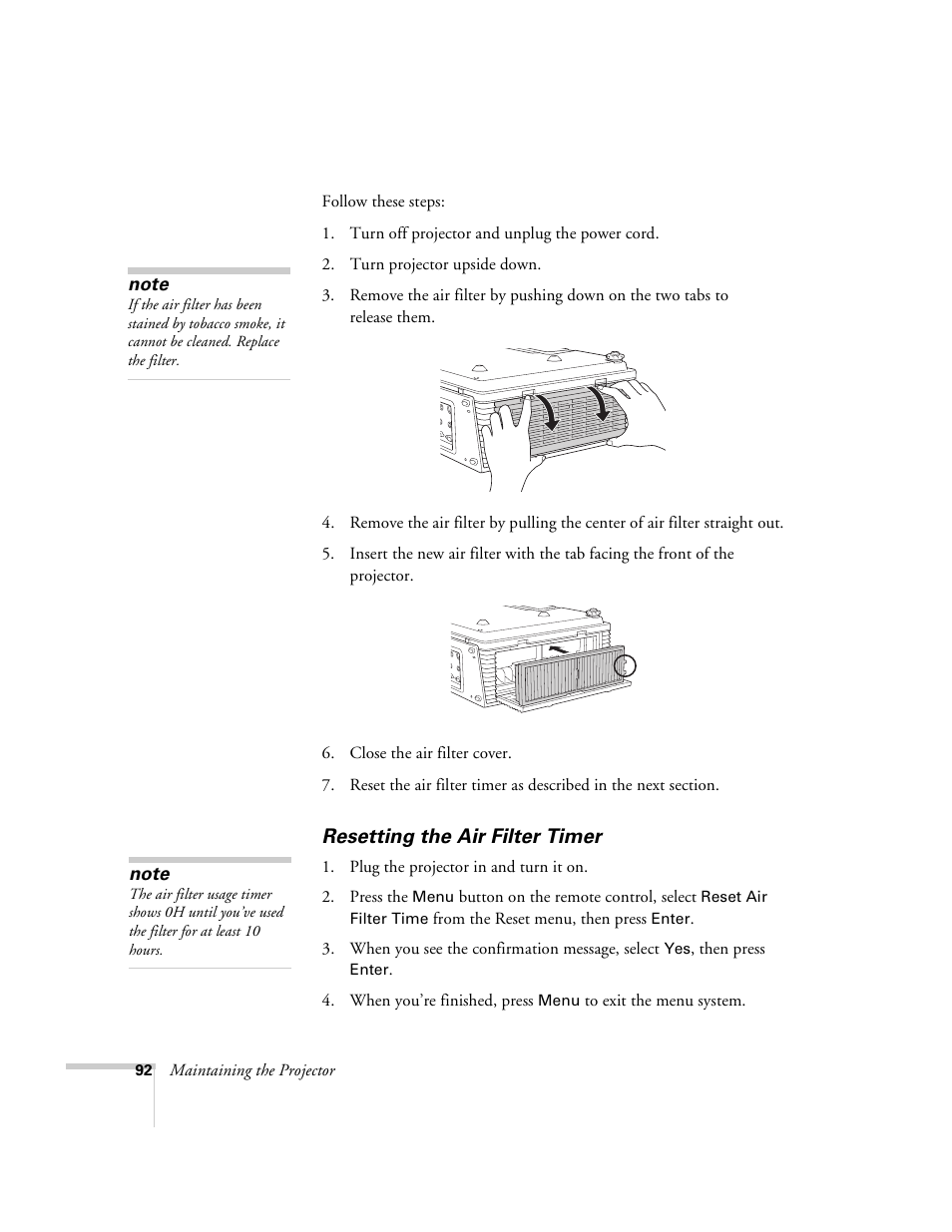 Resetting the air filter timer | Epson 6100i User Manual | Page 92 / 132