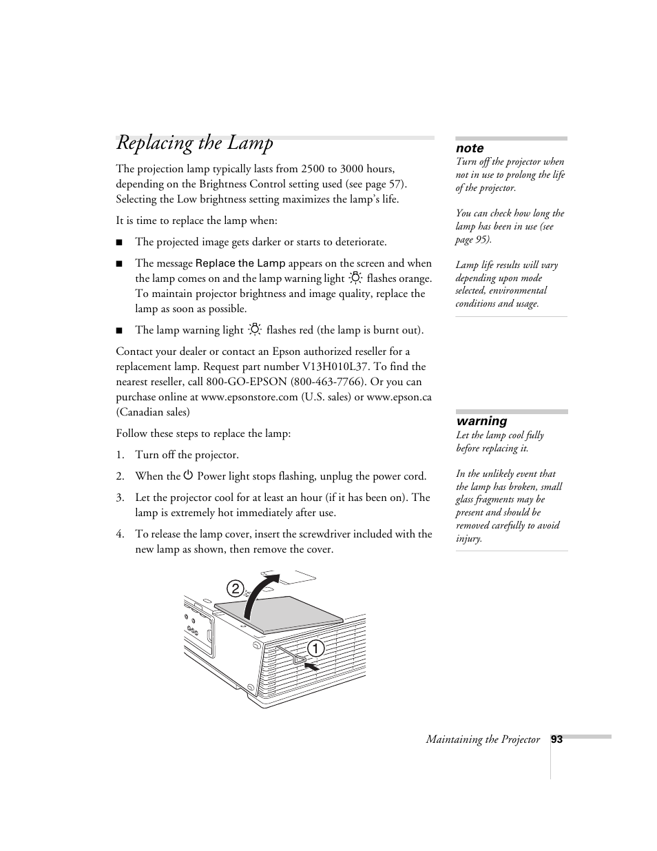 Replacing the lamp | Epson 6100i User Manual | Page 93 / 132