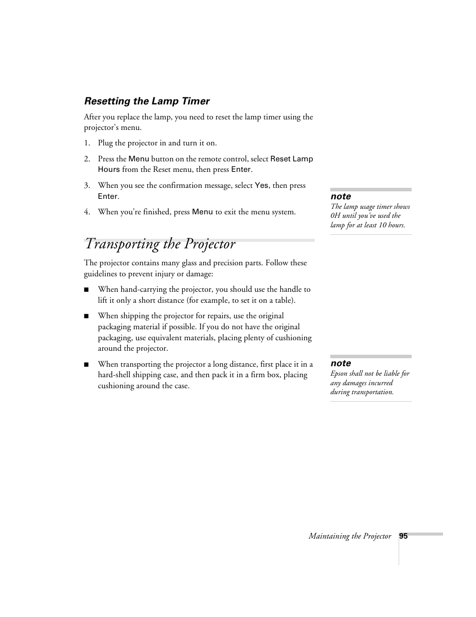 Resetting the lamp timer, Transporting the projector | Epson 6100i User Manual | Page 95 / 132