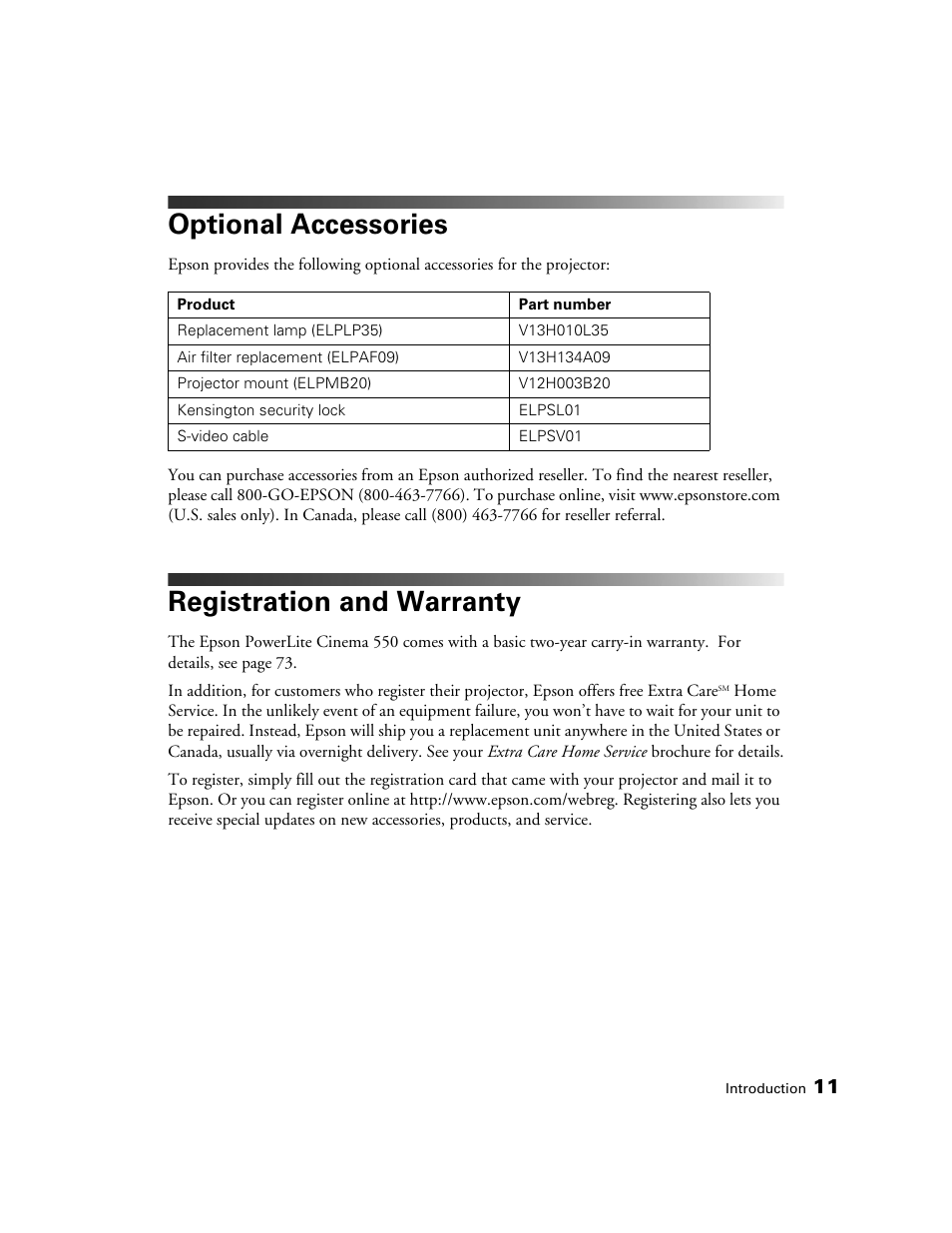 Optional accessories, Registration and warranty | Epson 550 User Manual | Page 11 / 78