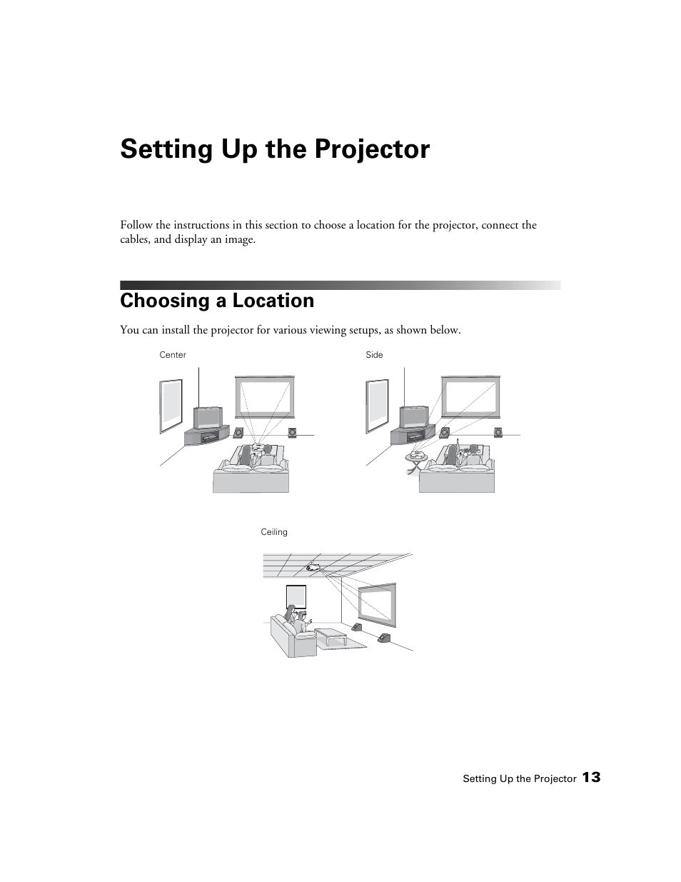 Setting up the projector, Choosing a location | Epson 550 User Manual | Page 13 / 78
