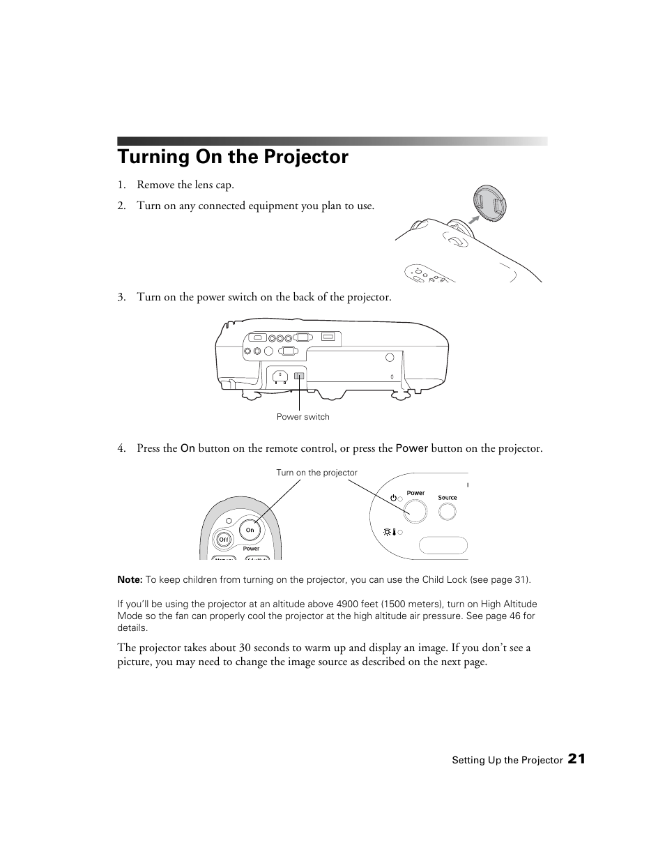 Turning on the projector | Epson 550 User Manual | Page 21 / 78